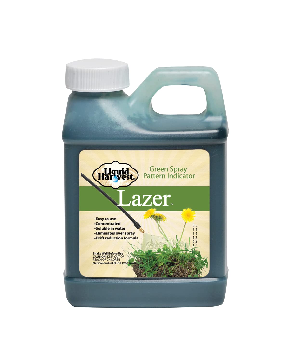 Liquid Harvest Lazer Green spray pattern indicator shows coverage for precise applications.