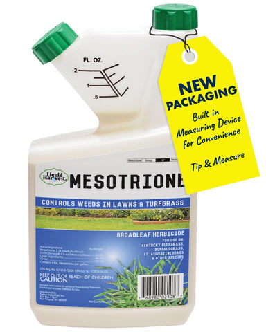Liquid Harvest Mesotrione 32oz bottle for effective lawn weed control