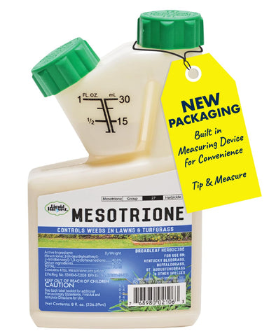Liquid Harvest Mesotrione 8oz bottle for lawn weed control.