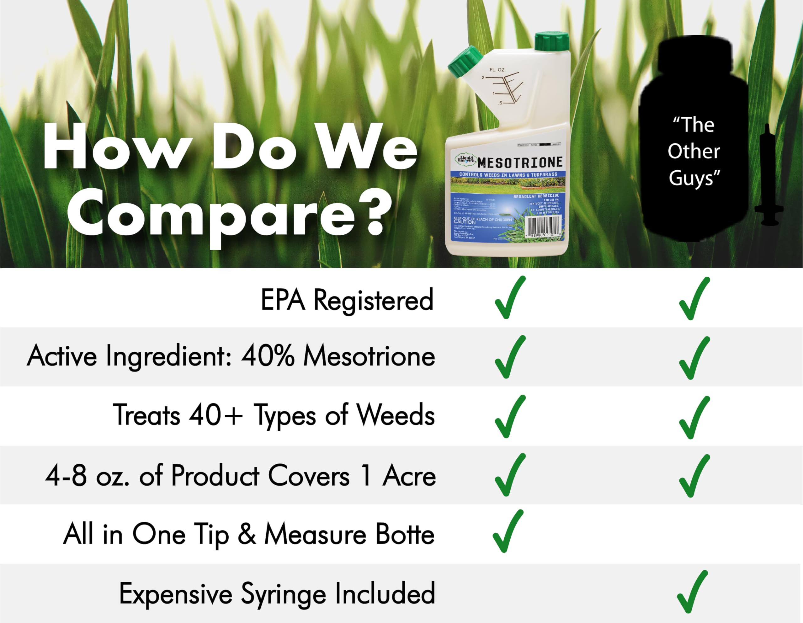 Liquid Harvest Mesotrione application spray ensures even coverage across the lawn.