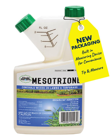 Liquid Harvest Mesotrione bottle label illustrates ready-to-use turf weed control.