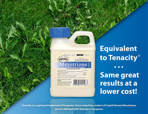 Close-up of Liquid Harvest Mesotrione bottle label showing weed control details.