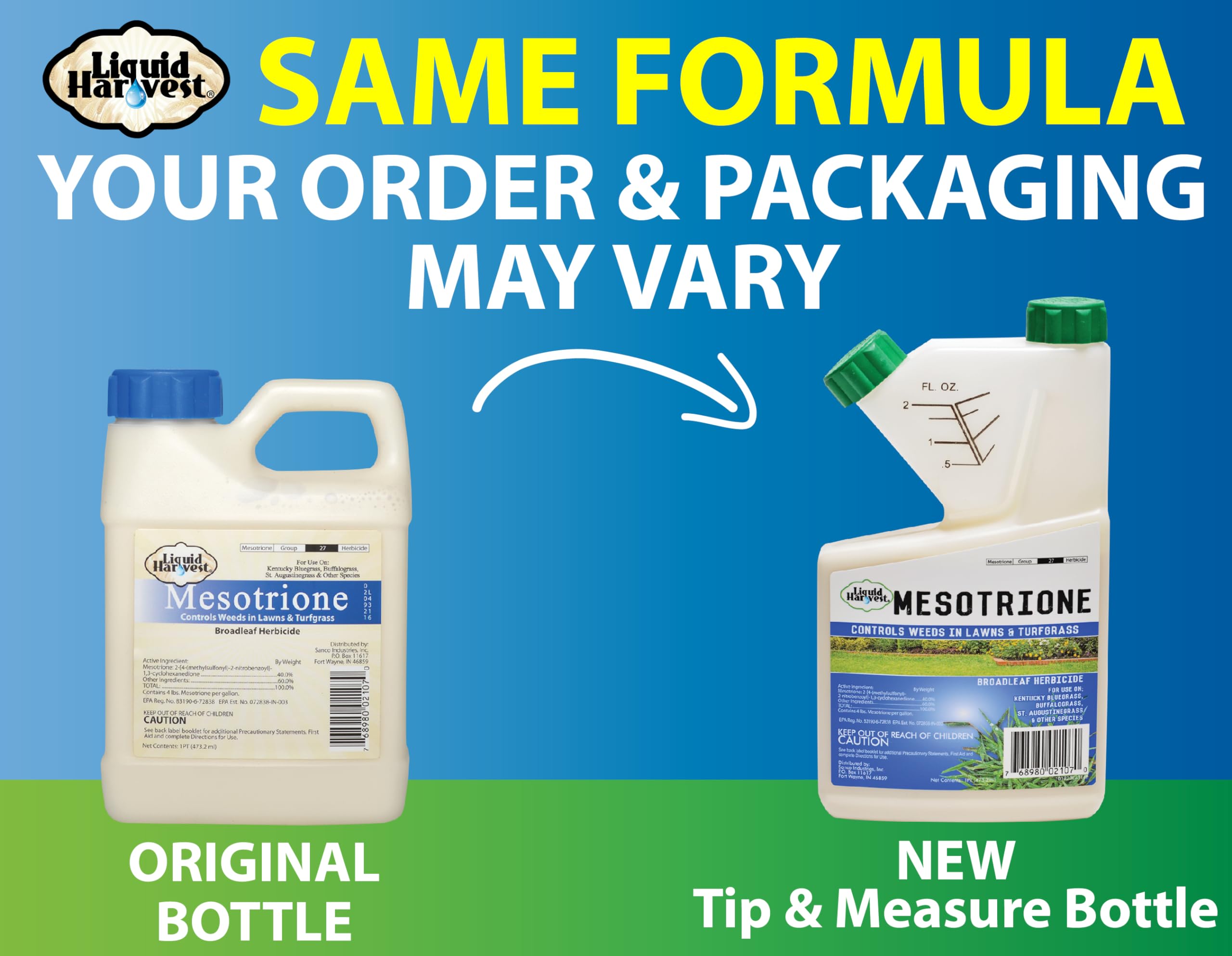 Liquid Harvest Mesotrione bottle pour demonstrates quick action after application.