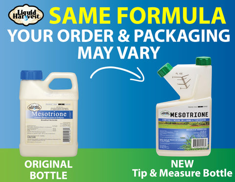 Liquid Harvest Mesotrione bottle pour demonstrates quick action after application.