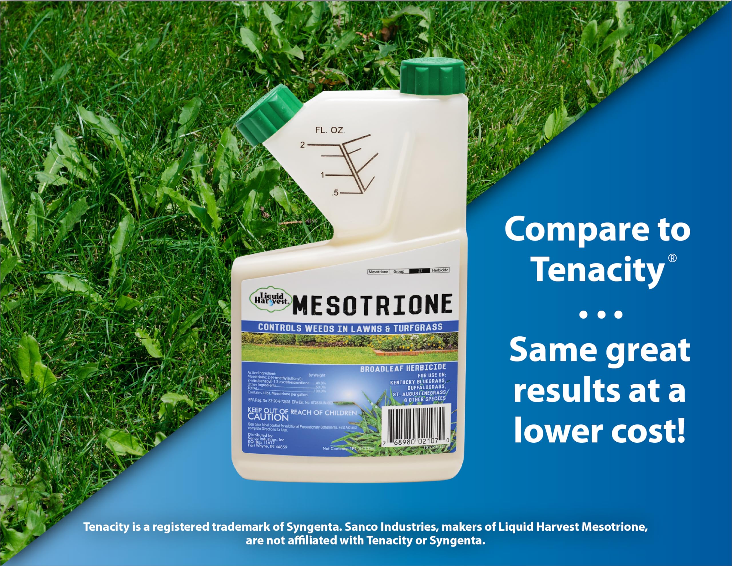 Liquid Harvest Mesotrione cap measure highlights precise dosing for safe use.