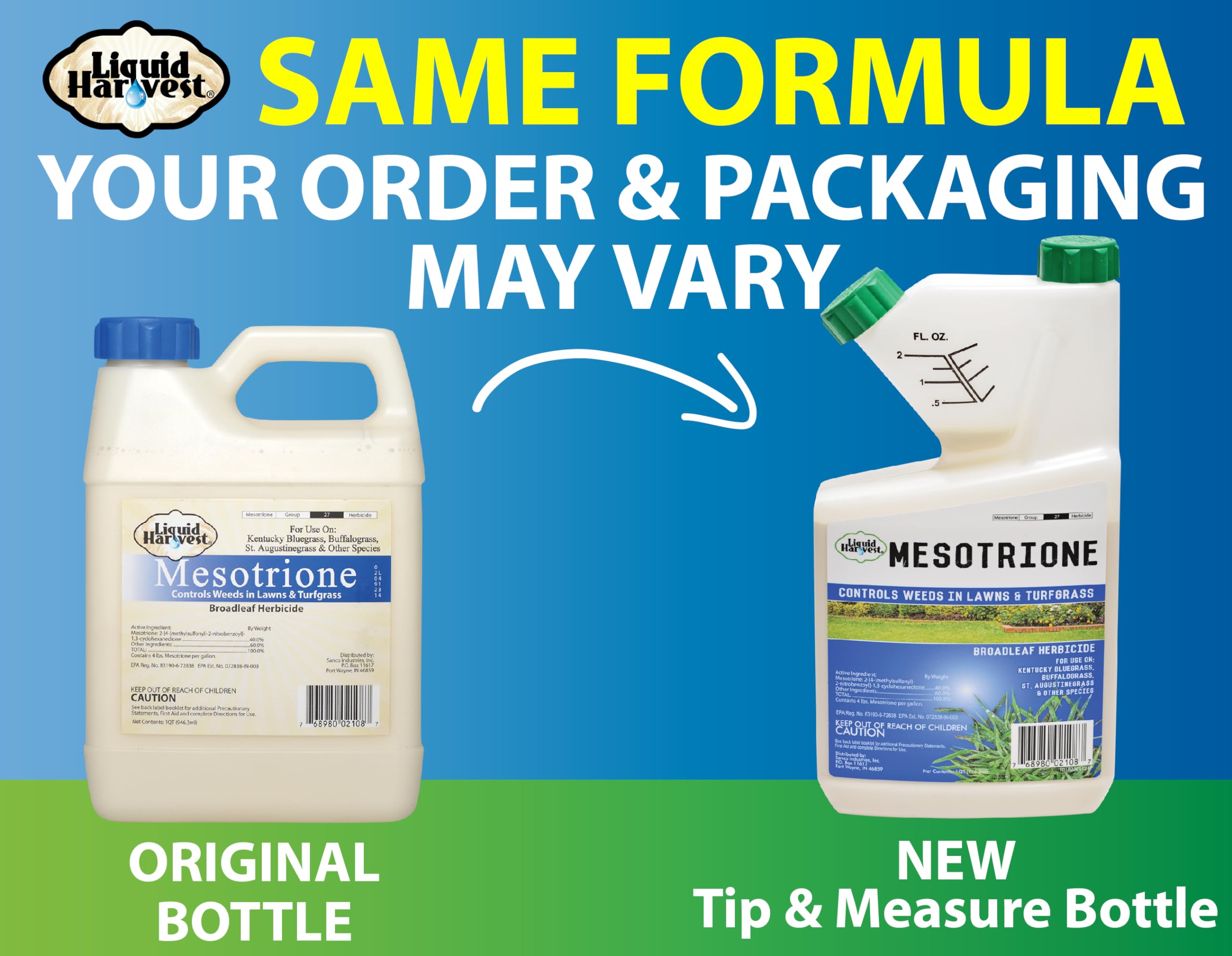 Liquid Harvest Mesotrione label and cap showing easy-to-use weed management