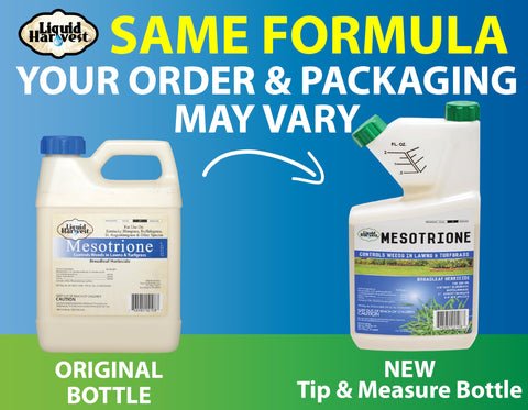 Liquid Harvest Mesotrione label and cap showing easy-to-use weed management