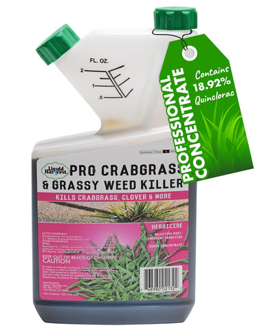 Liquid Harvest Pro crabgrass bottle for efficient lawn weed control