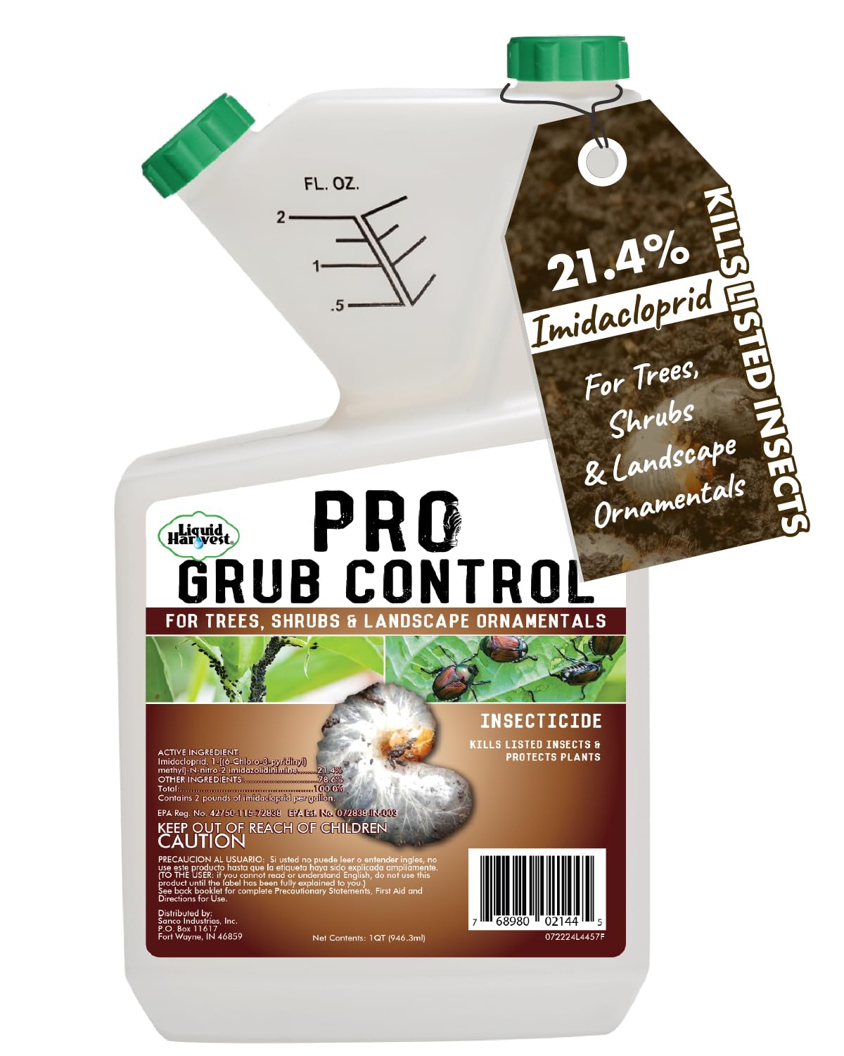 Liquid Harvest Pro Grub Control bottle with label and dosage guidance for informed use.