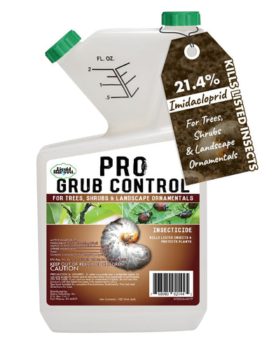 Liquid Harvest Pro Grub Control bottle with label and dosage guidance for informed use.