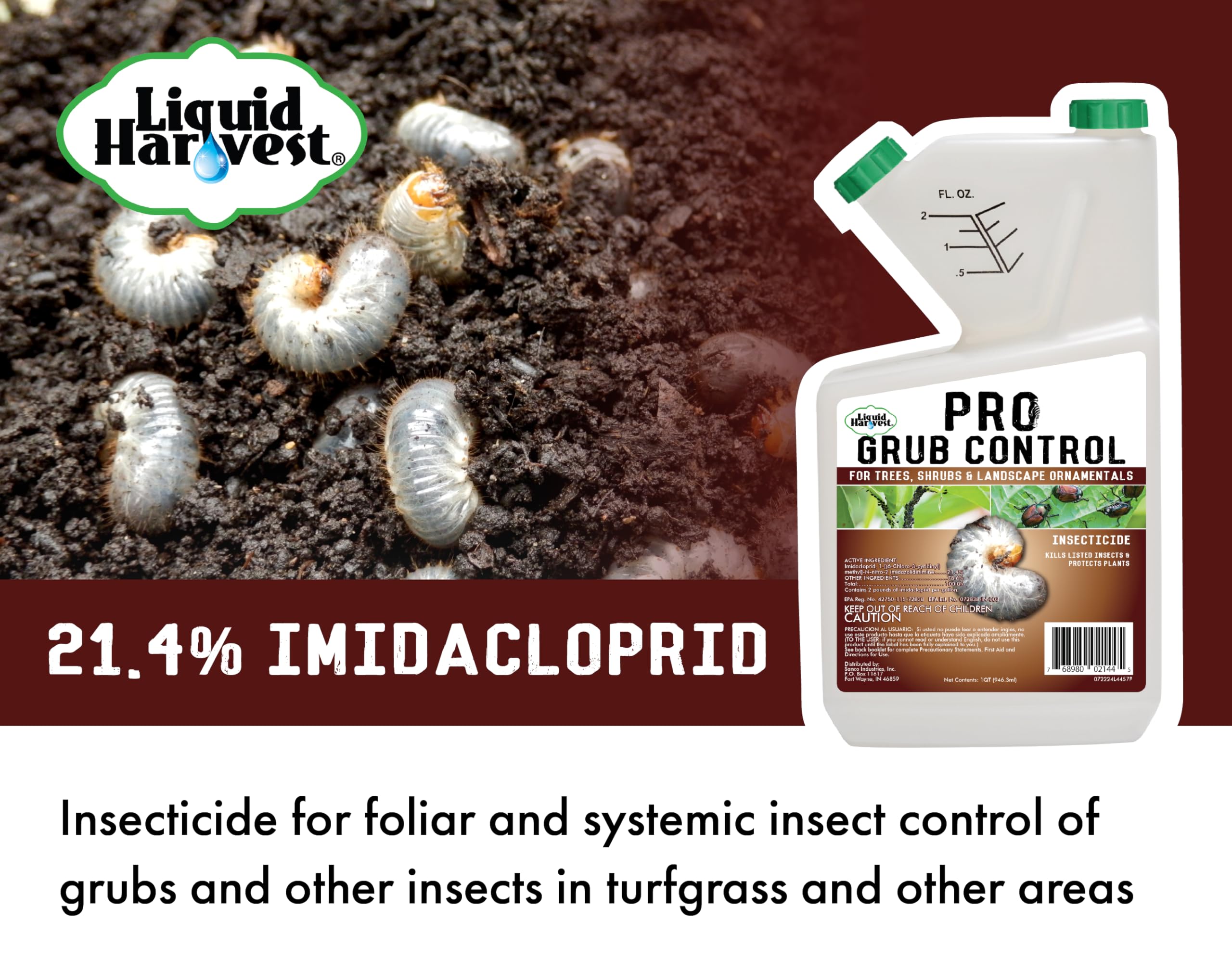 Liquid Harvest Pro Grub Control label close-up highlighting 21.4% imidacloprid for reference.