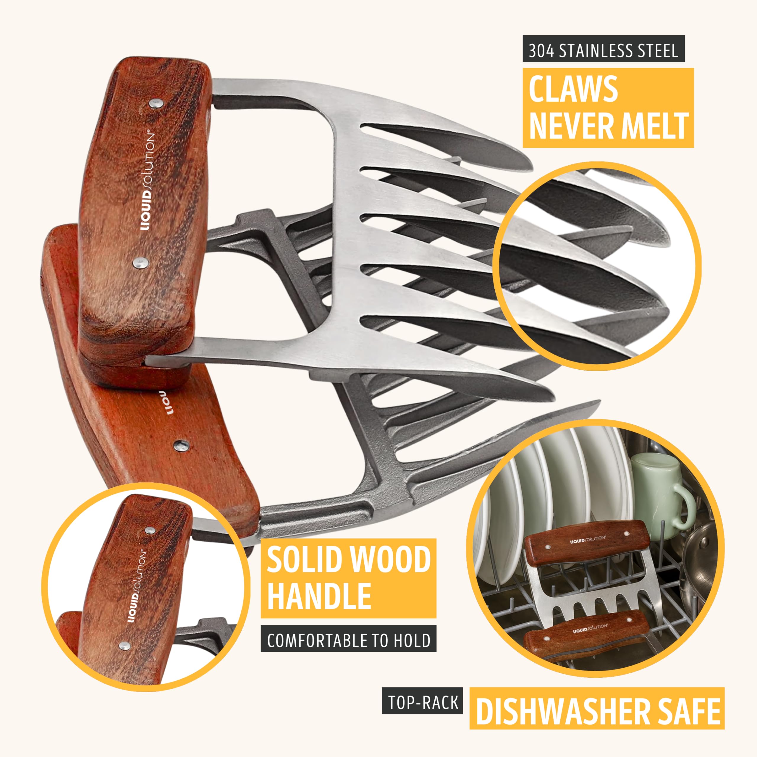 Liquid Solution claws are dishwasher-safe for quick cleanup after grilling.