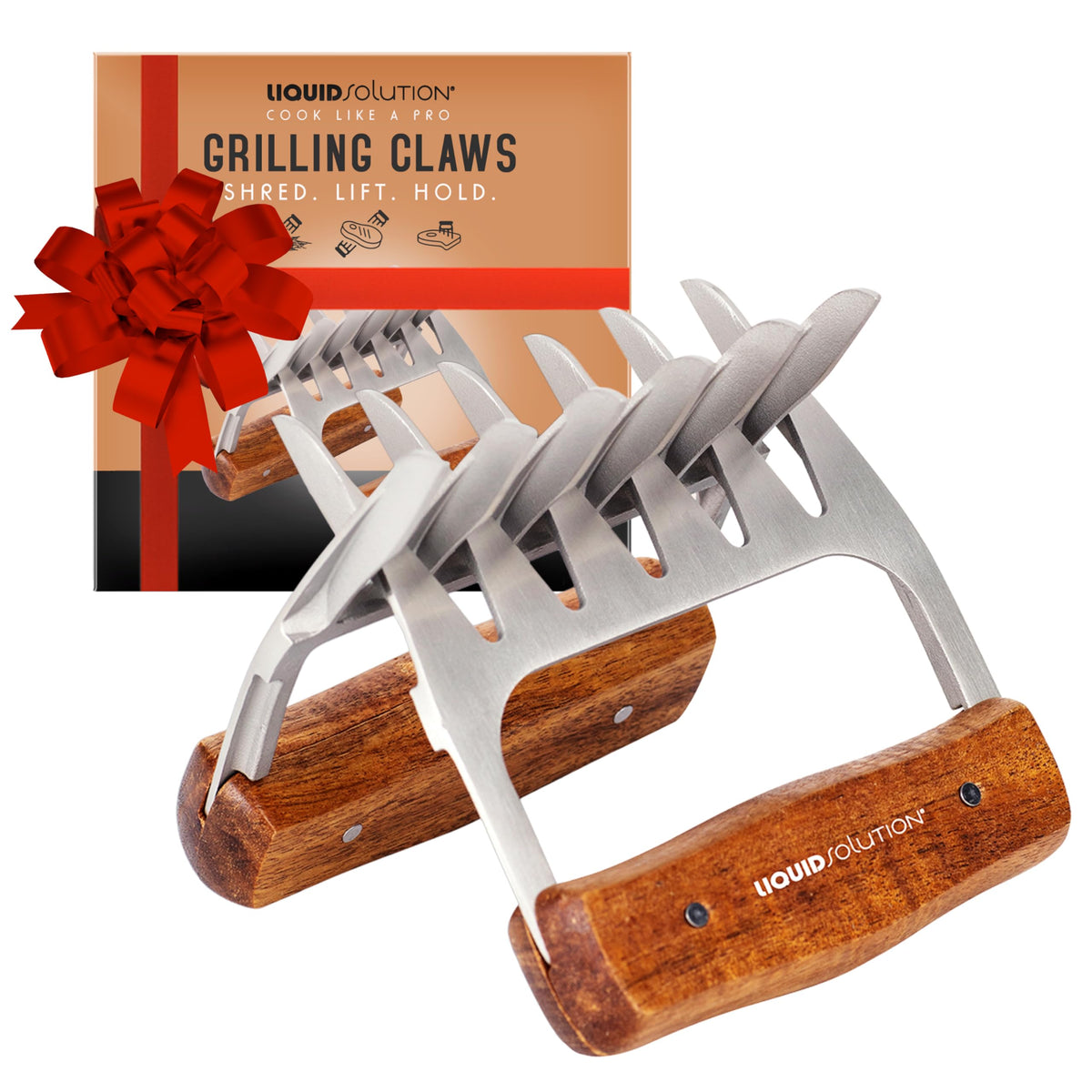 Liquid Solution meat claws with wooden handles for easy shredding of grilled meats.
