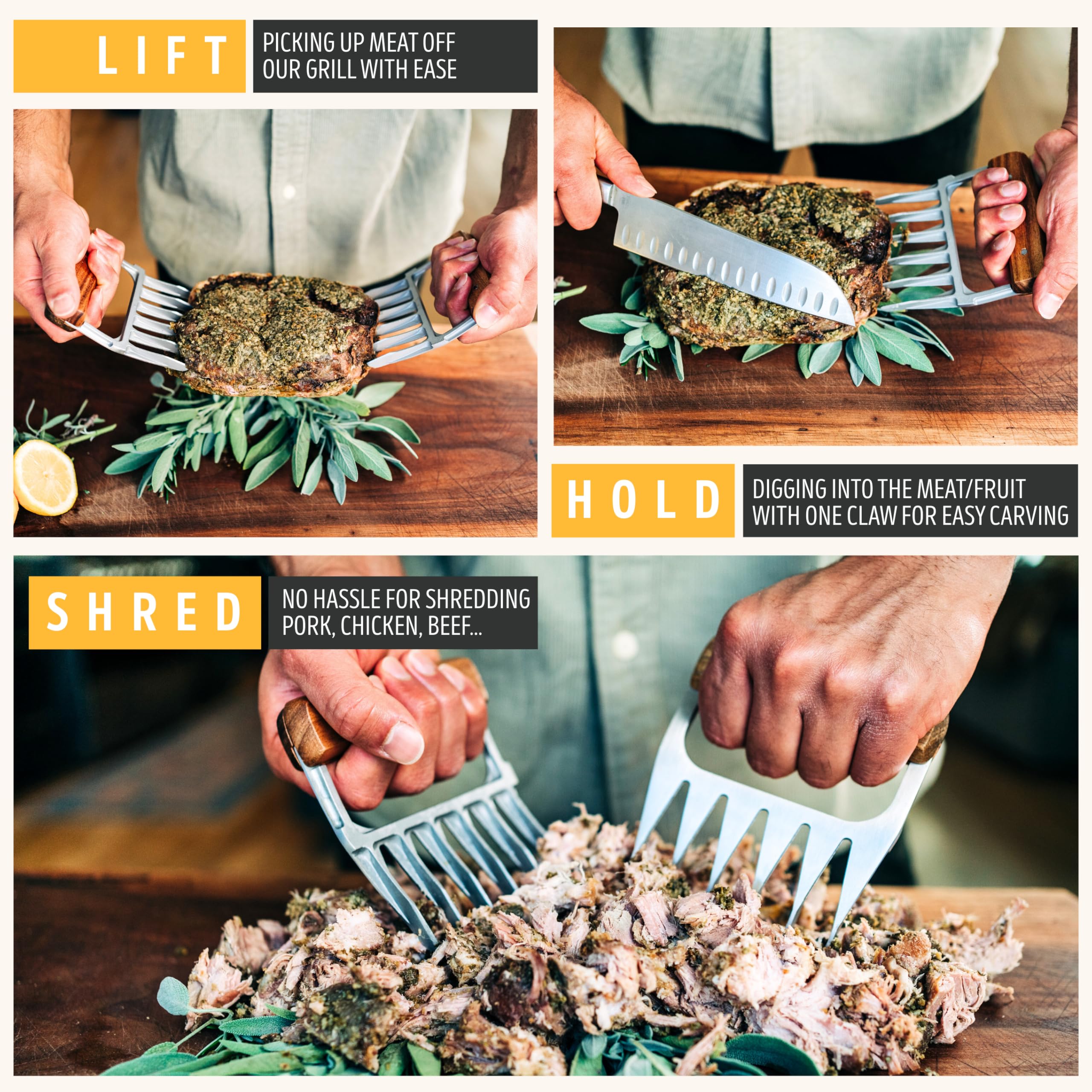 Liquid Solution stainless steel claws for durable, heat-resistant meat pulling.