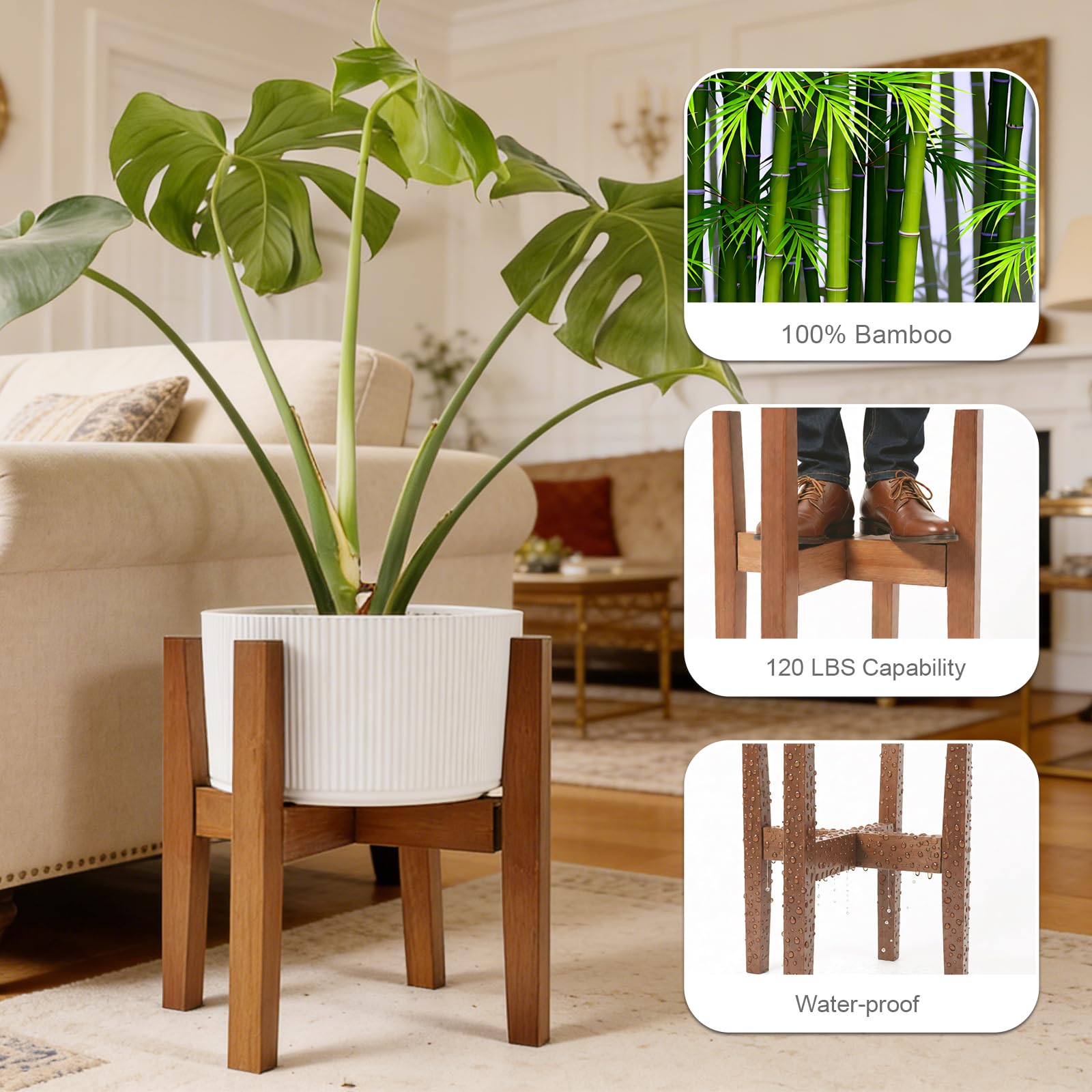 Mid-century modern inspired bamboo plant shelf enhancing room decor