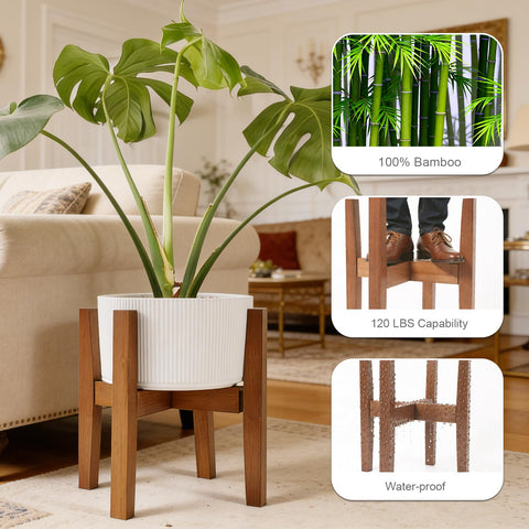 Mid-century modern inspired bamboo plant shelf enhancing room decor