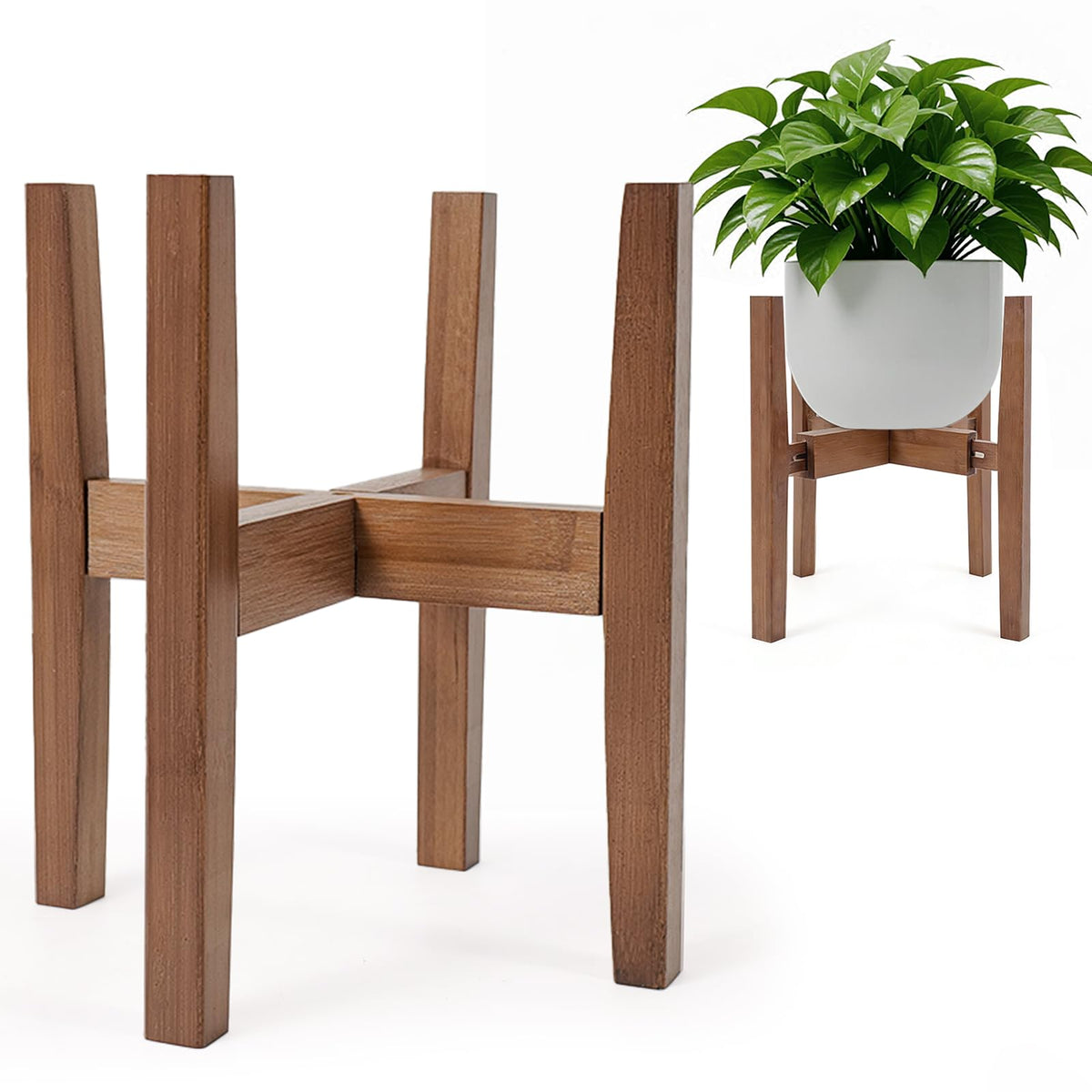 Lissomballon bamboo plant stand showing adjustable width for 8–12 inch pots in a living room