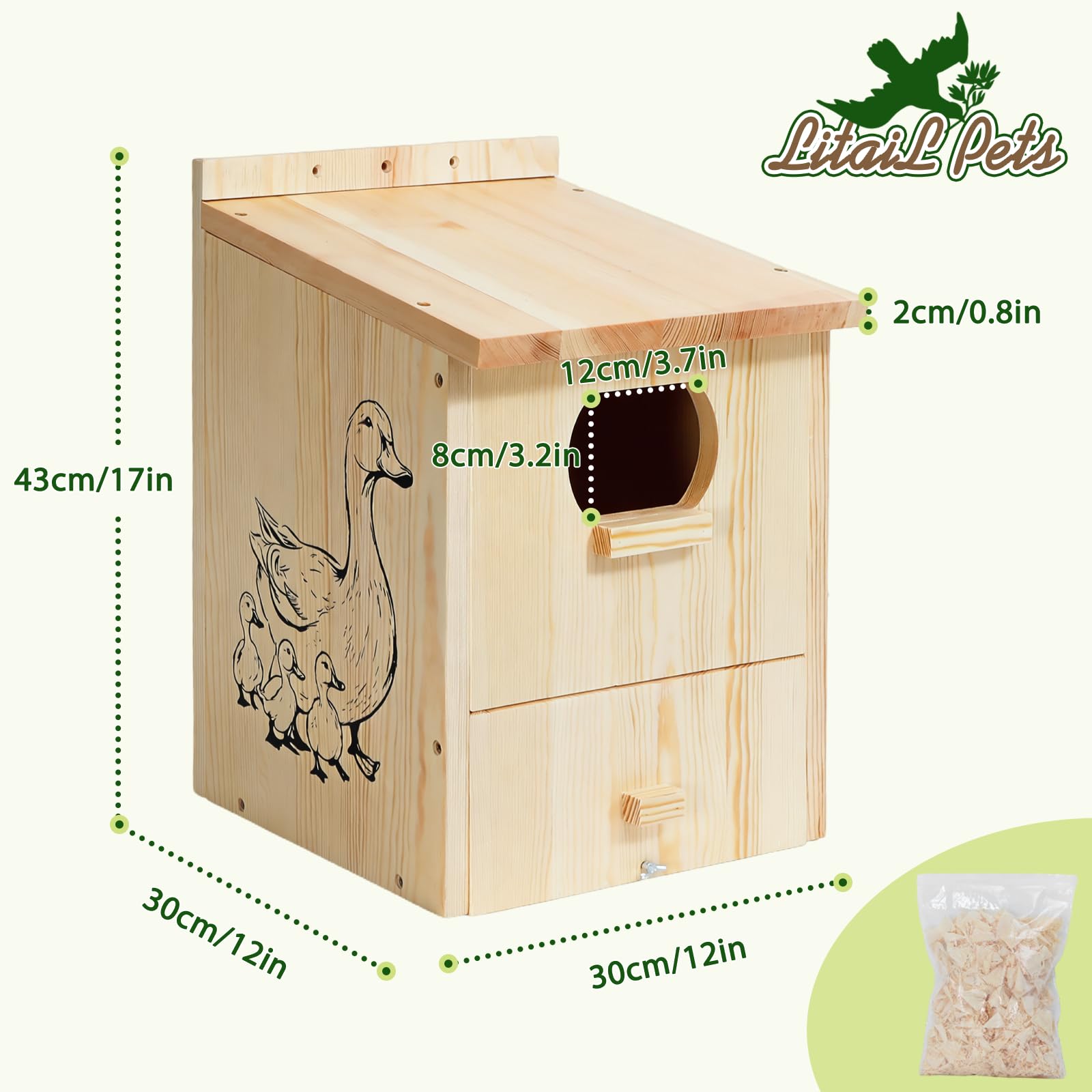 LitaiL Wood Duck House entry hole highlights predator-resistant design for safety.