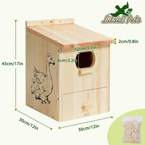 LitaiL Wood Duck House entry hole highlights predator-resistant design for safety.