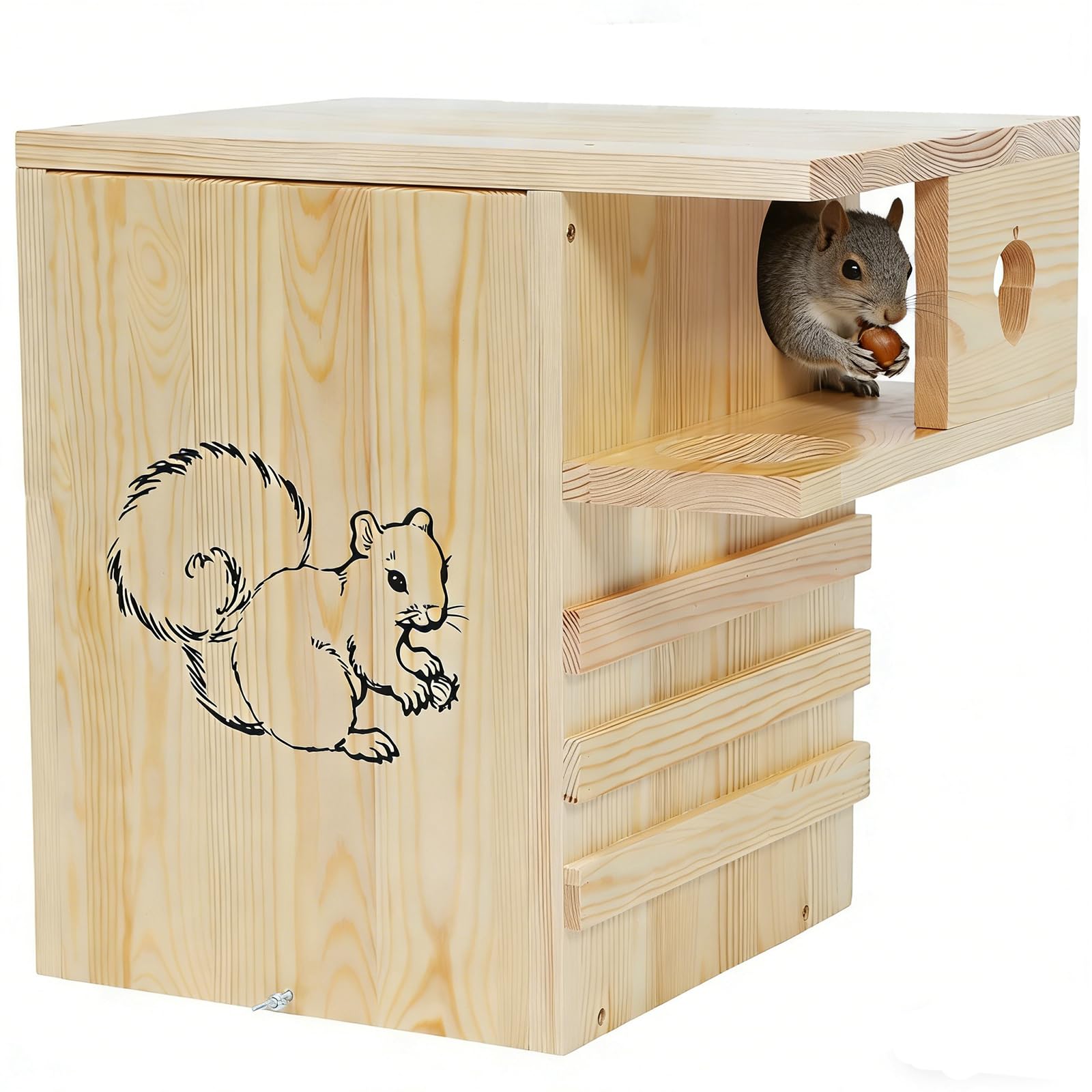 LitaiL wooden squirrel house outdoors, front view with external platform for easy access.