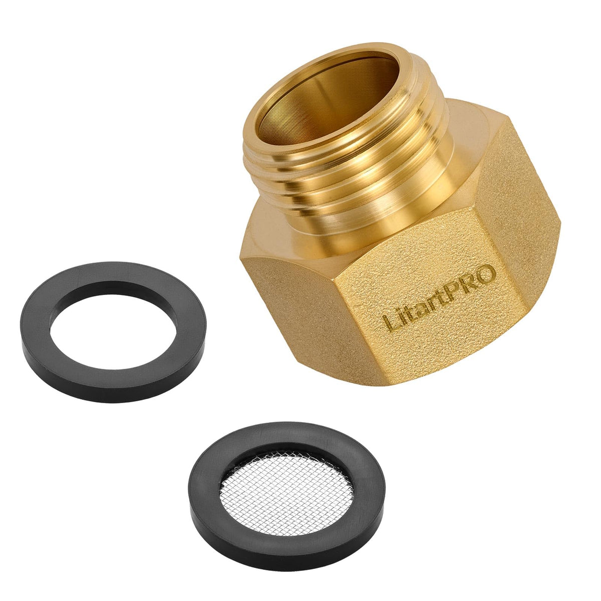 LitartPRO Brass 3-4 GHT to 1 NPT adapter in a close-up of threads for a secure seal