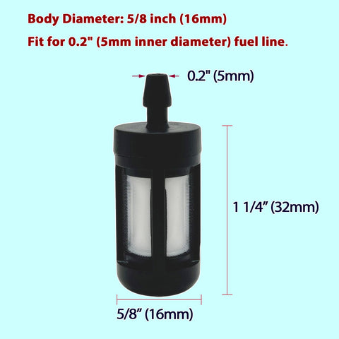 LiteTour universal 2-cycle fuel filter suitable for lawn mower and snow blower engines.