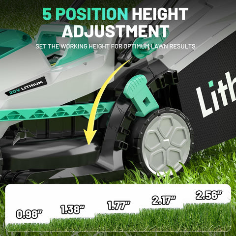 LiTHELi 20V lawn mower back view with grass bag for tidy debris collection.