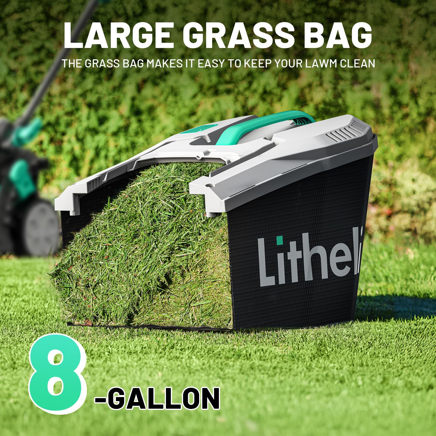 LiTHELi 20V lawn mower collapsible handle enables compact storage.