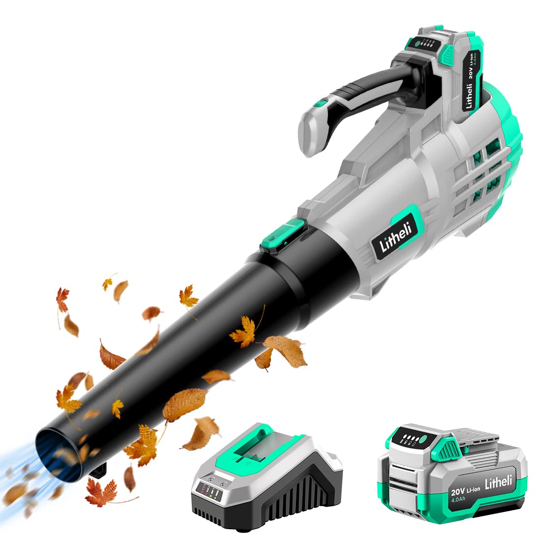 Litheli 20V cordless leaf blower front view; compact power for outdoor cleanup.