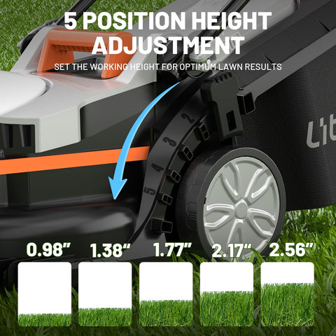 LiTHELi mower 5-height adjustment lever shown for versatile grass heights.
