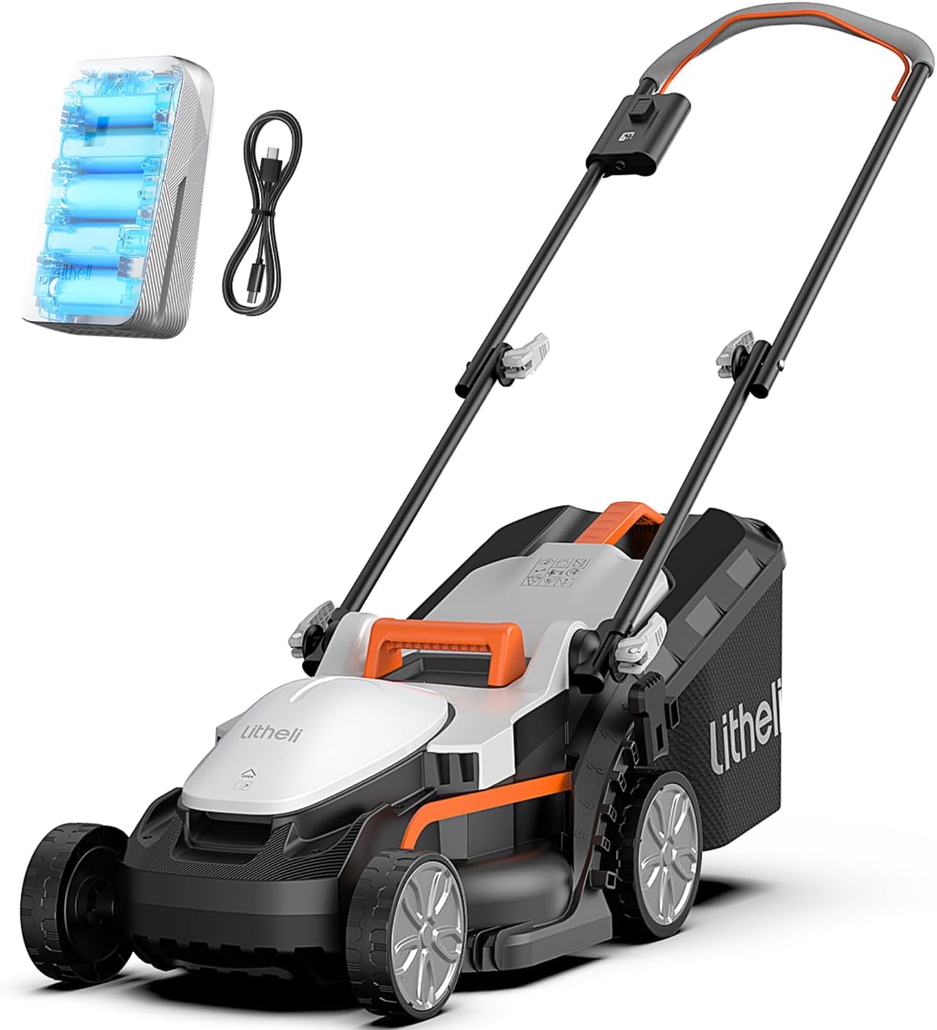 LiTHELi cordless lawn mower 13-inch front view for precise trimming on small lawns.