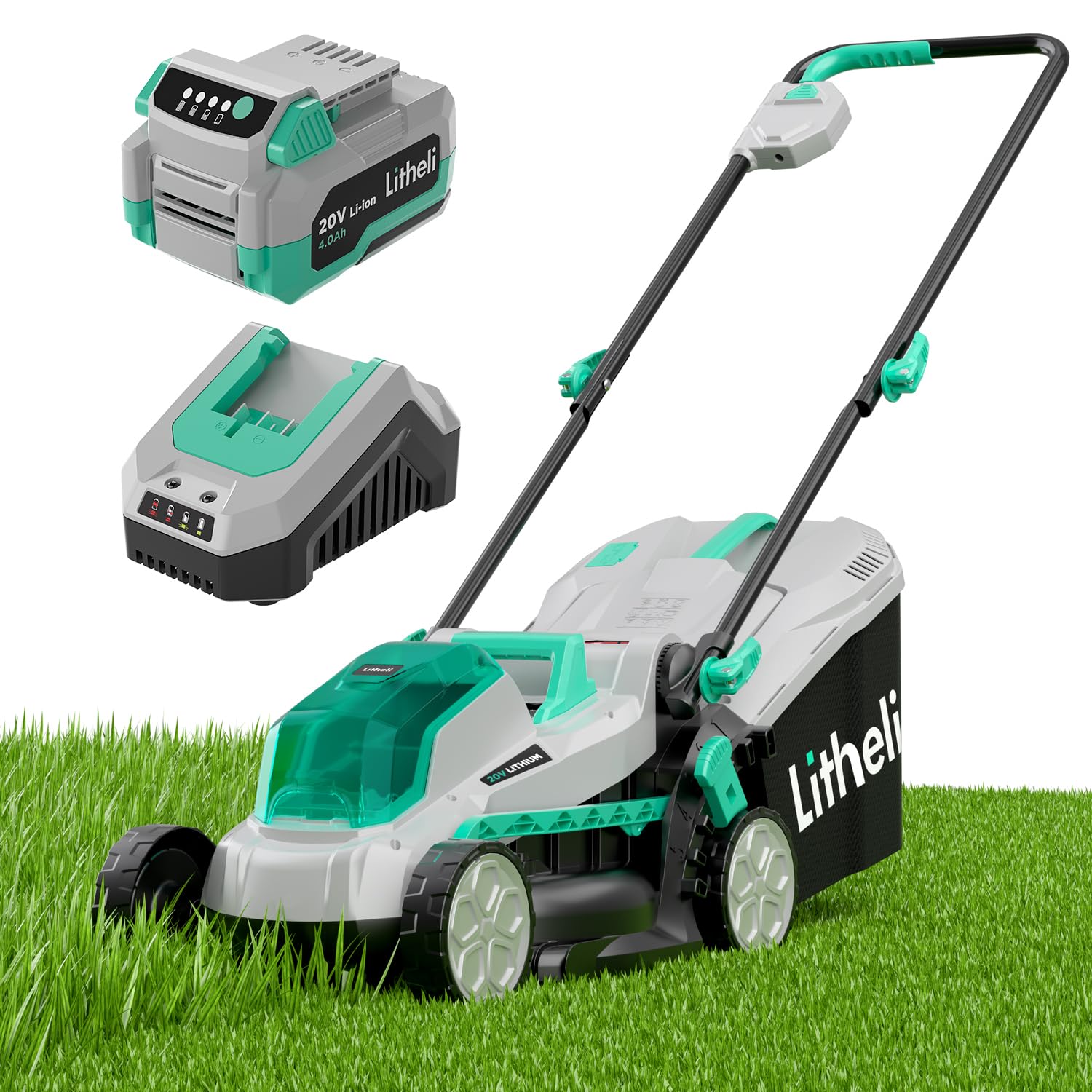 LiTHELi cordless lawn mower on a green lawn for easy mowing