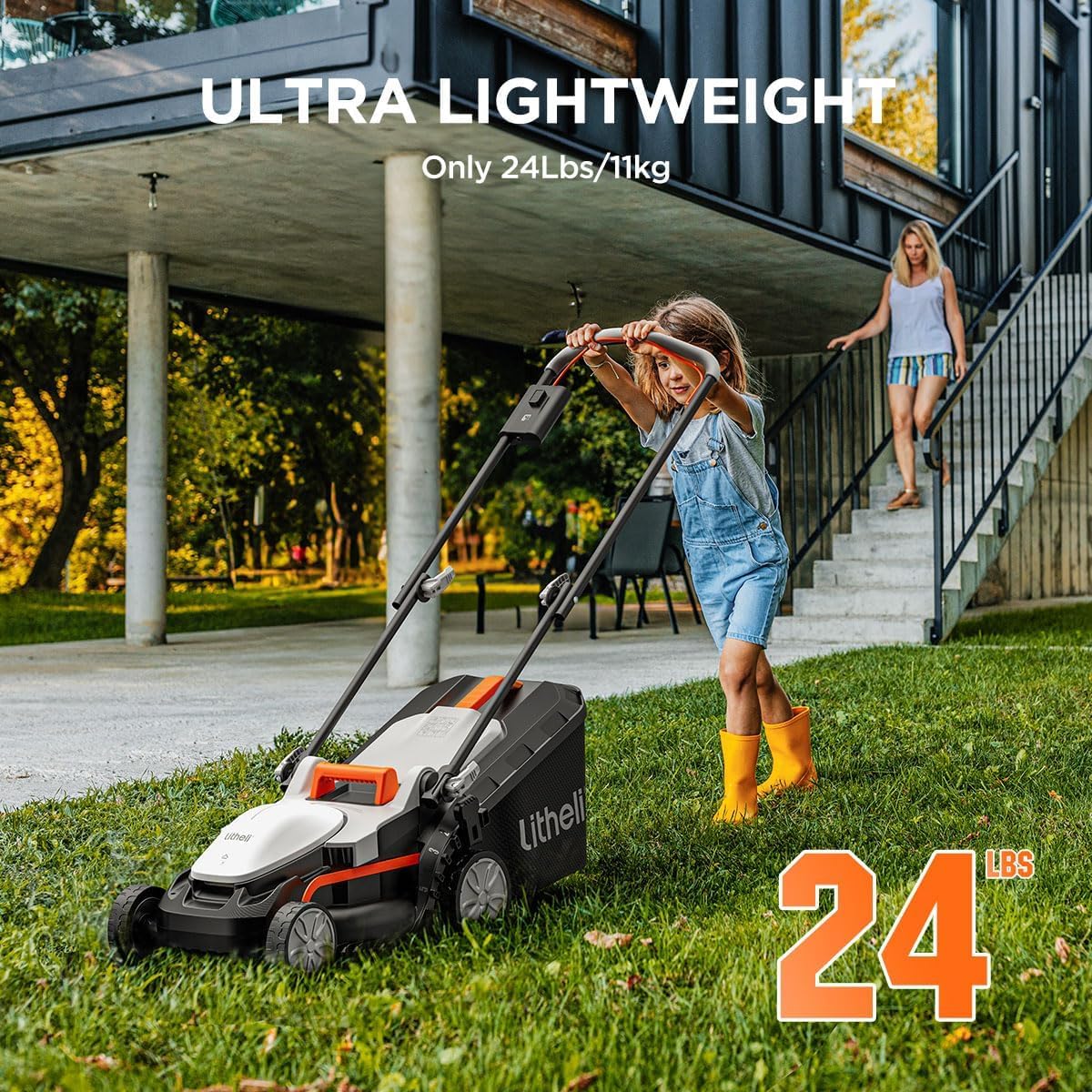 LiTHELi folding handle design for compact storage after mowing.