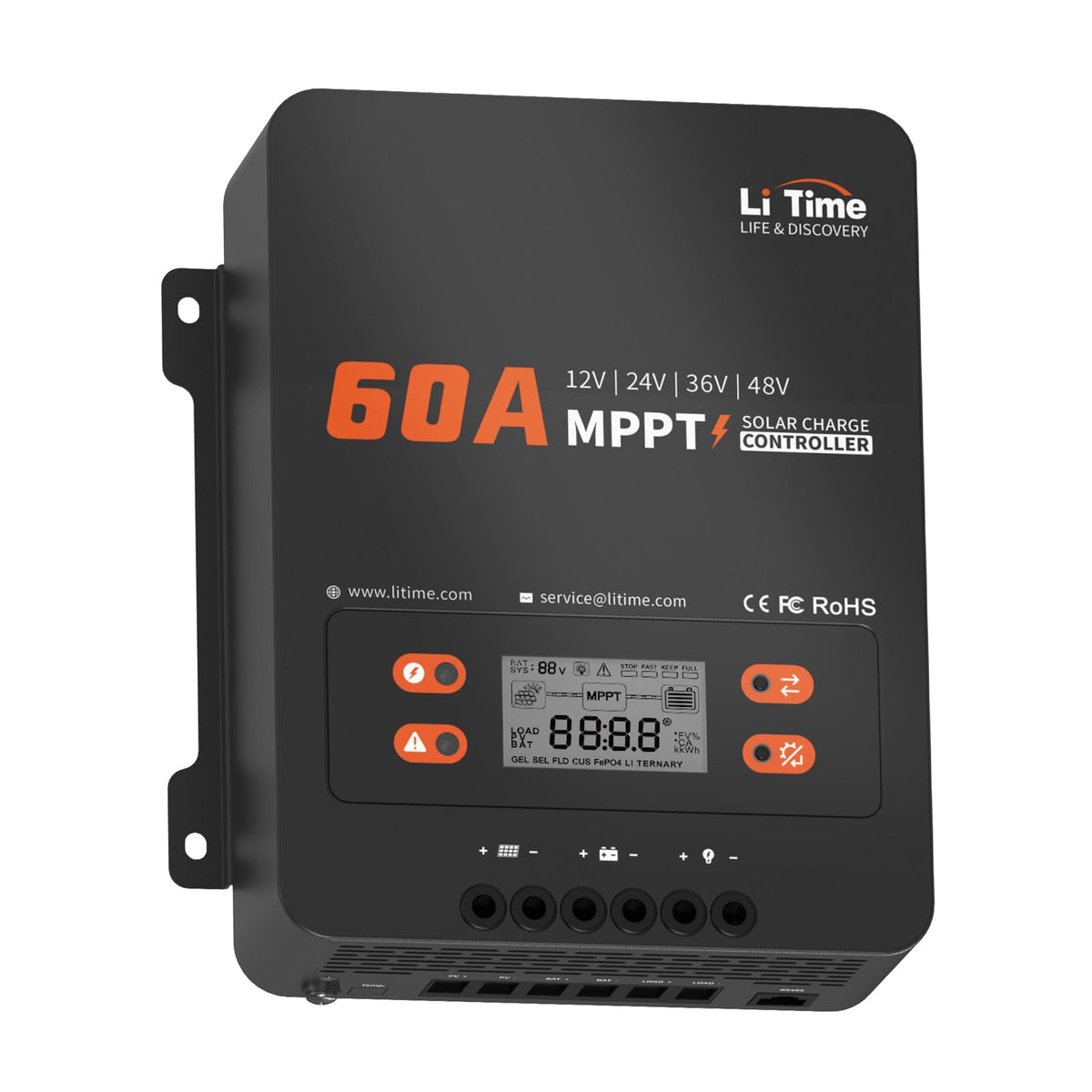 Litime 60A MPPT controller front view with LCD display for clear charging status.