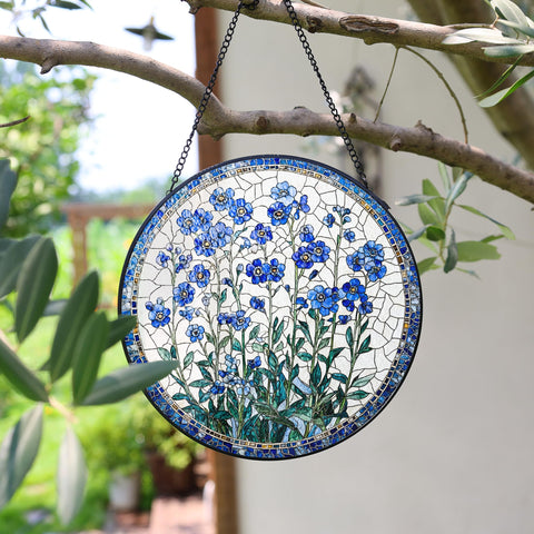 Litivy blue forget-me-not suncatcher adds artisan charm to any window display
