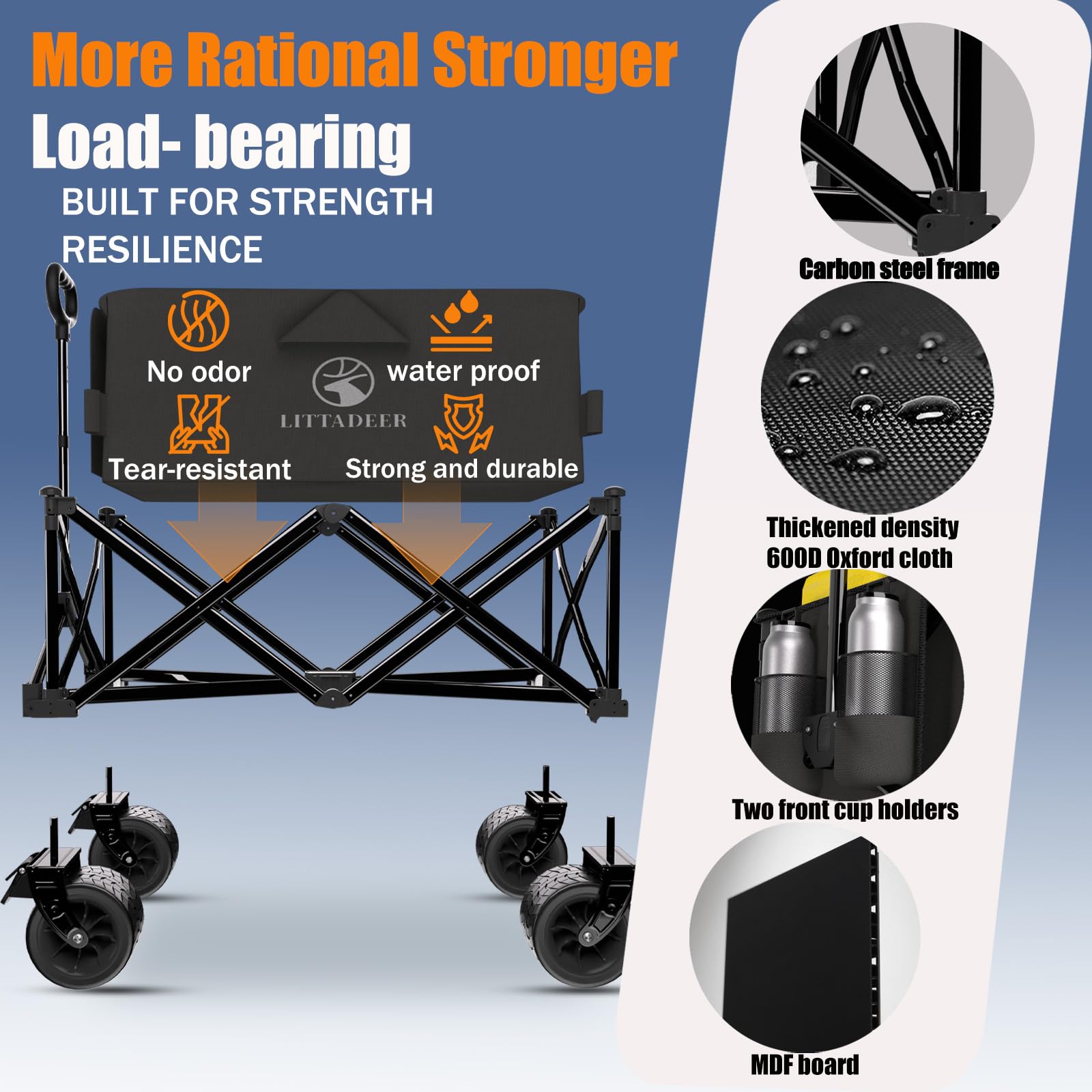 Littadeer wagon front wheels with brakes for controlled movement