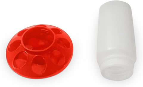 Little Family Members Chick Feeder 1qt in brooding box demonstrates space-saving design for crowded setups.