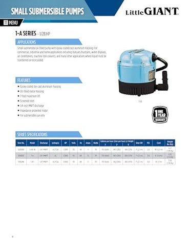 Little Giant 1-A suitable for hydroponics and coolant transfer tasks.