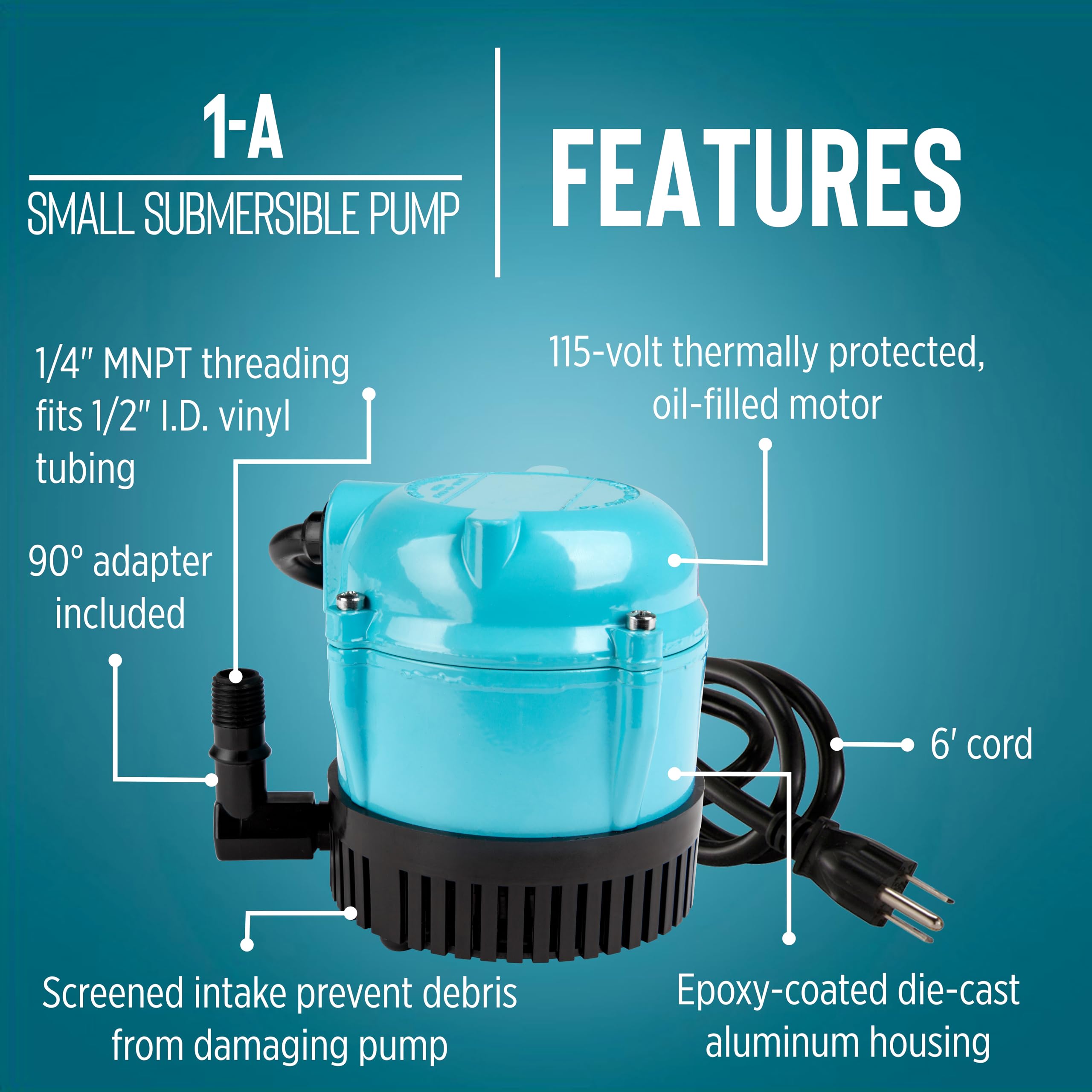 Little Giant 1-A screened inlet keeps debris from the impeller in fountains.