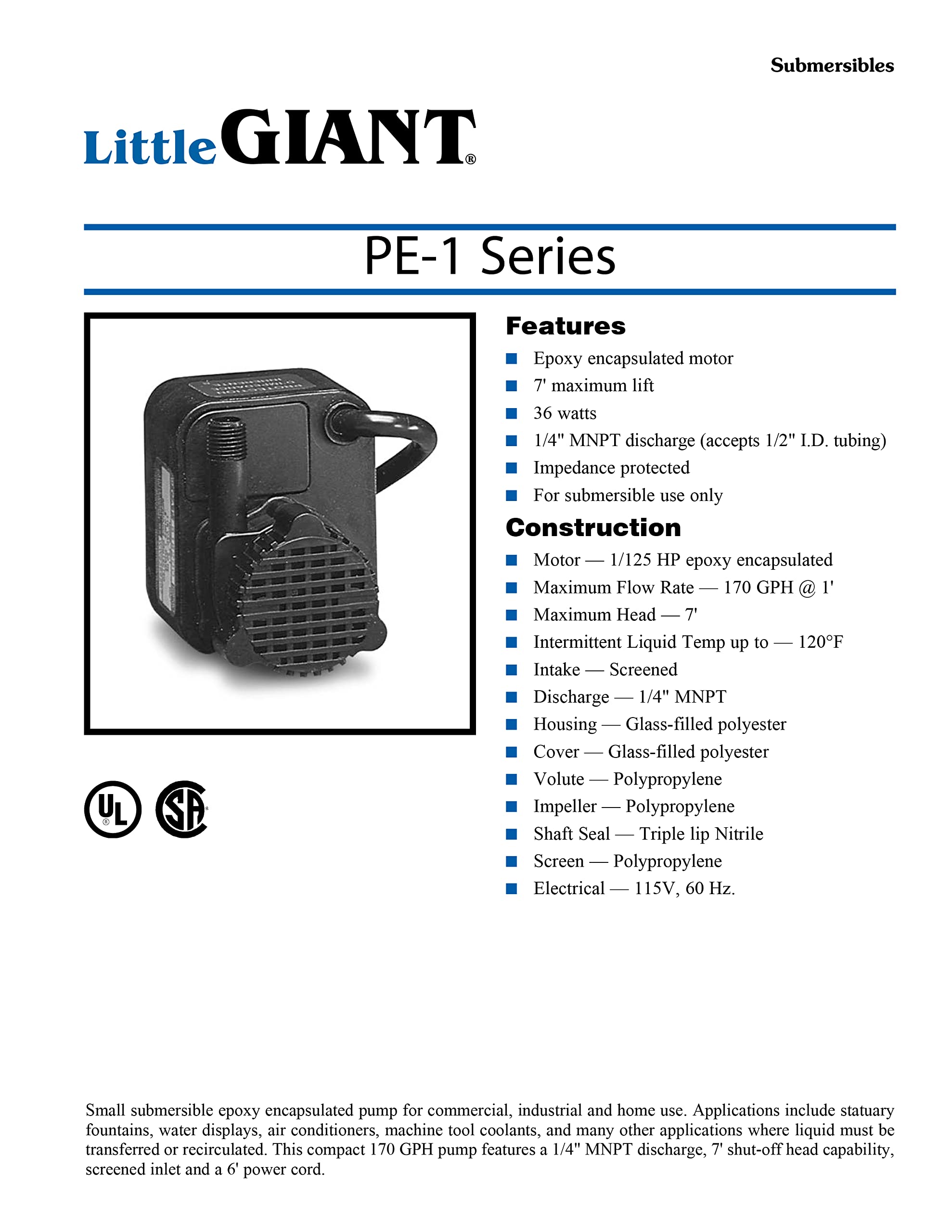 Little Giant PE-1 black housing blends into water features discreetly.
