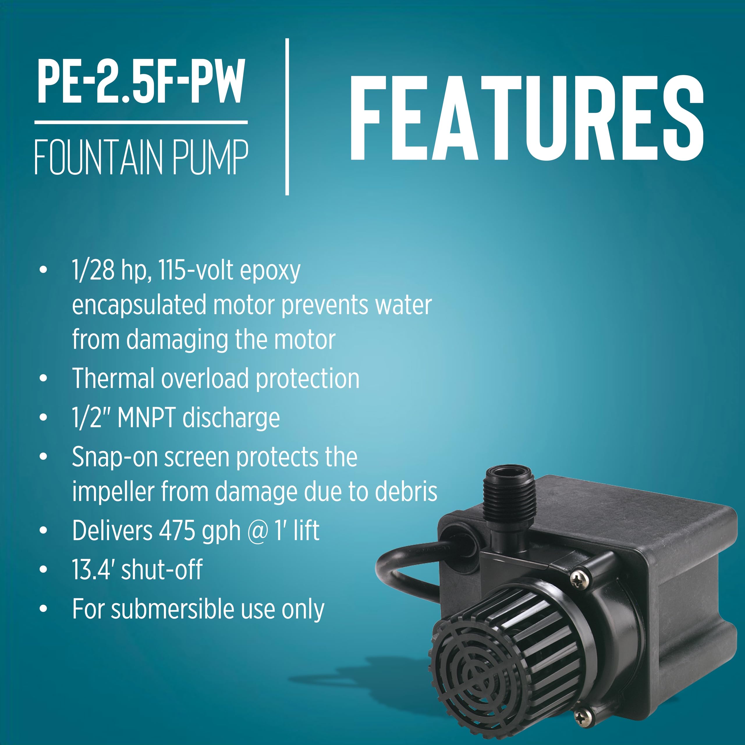 Little Giant PE-2.5F-PW pre-filter guards impeller from debris