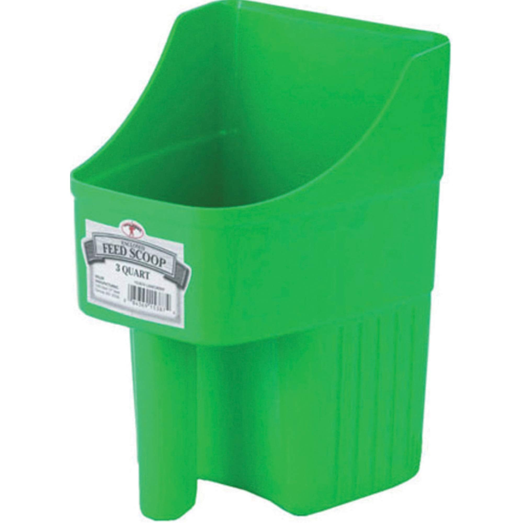 Little Giant plastic enclosed feed scoop with 3 quart capacity, lime green, mess-free feeding.