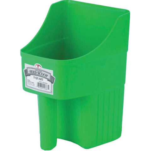 Little Giant plastic enclosed feed scoop with 3 quart capacity, lime green, mess-free feeding.