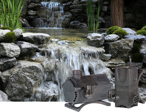 Little Giant WGP-95-PW pump operating two water features in a pond setting, enhancing movement