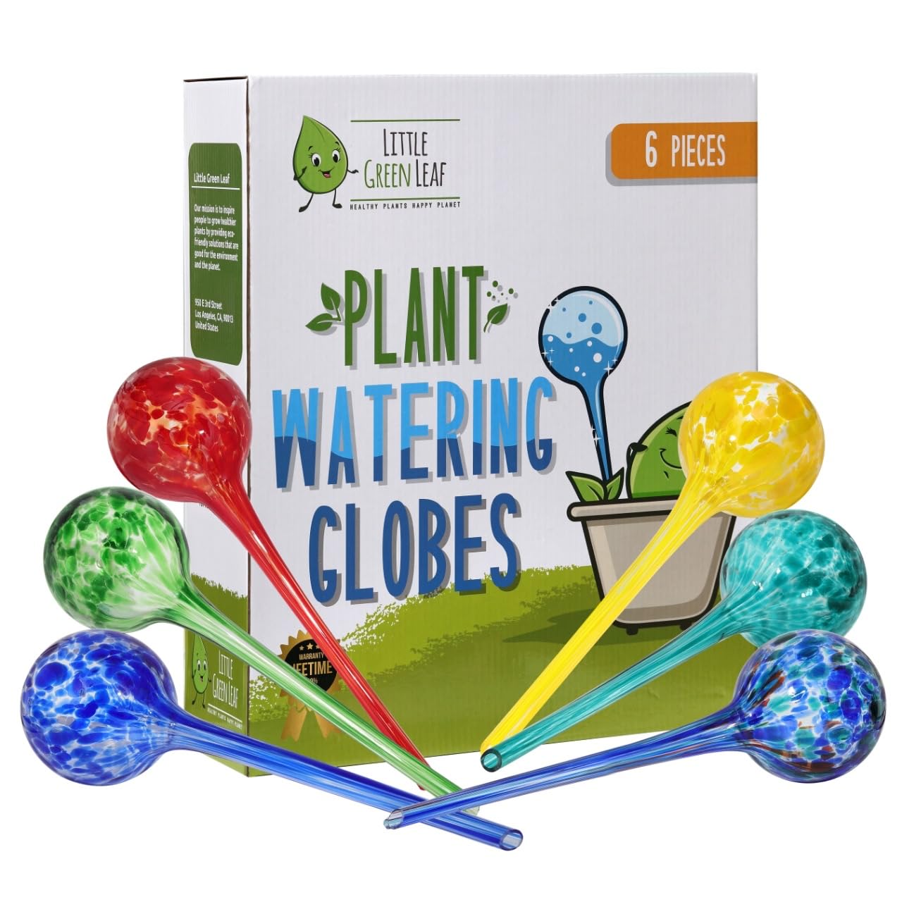 Little Green Leaf glass watering globe in multicolor finish for automatic plant hydration.