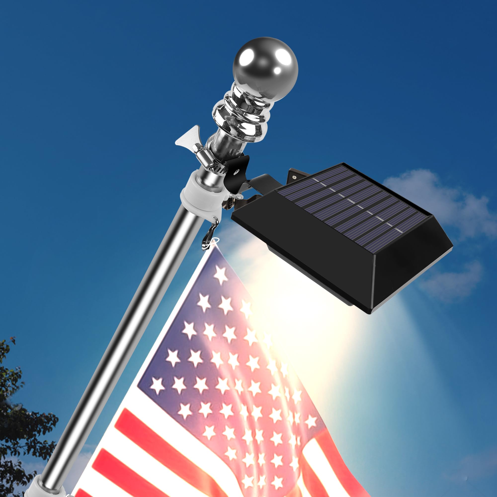 Little Joke solar flag pole light showing bright 12 LEDs with warm white glow.