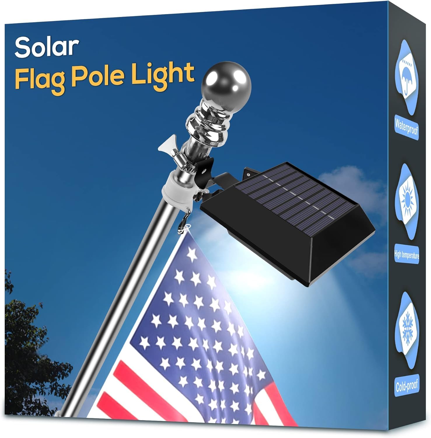 Little Joke solar flag pole light mounted on a 5ft flagpole illuminates flag at night