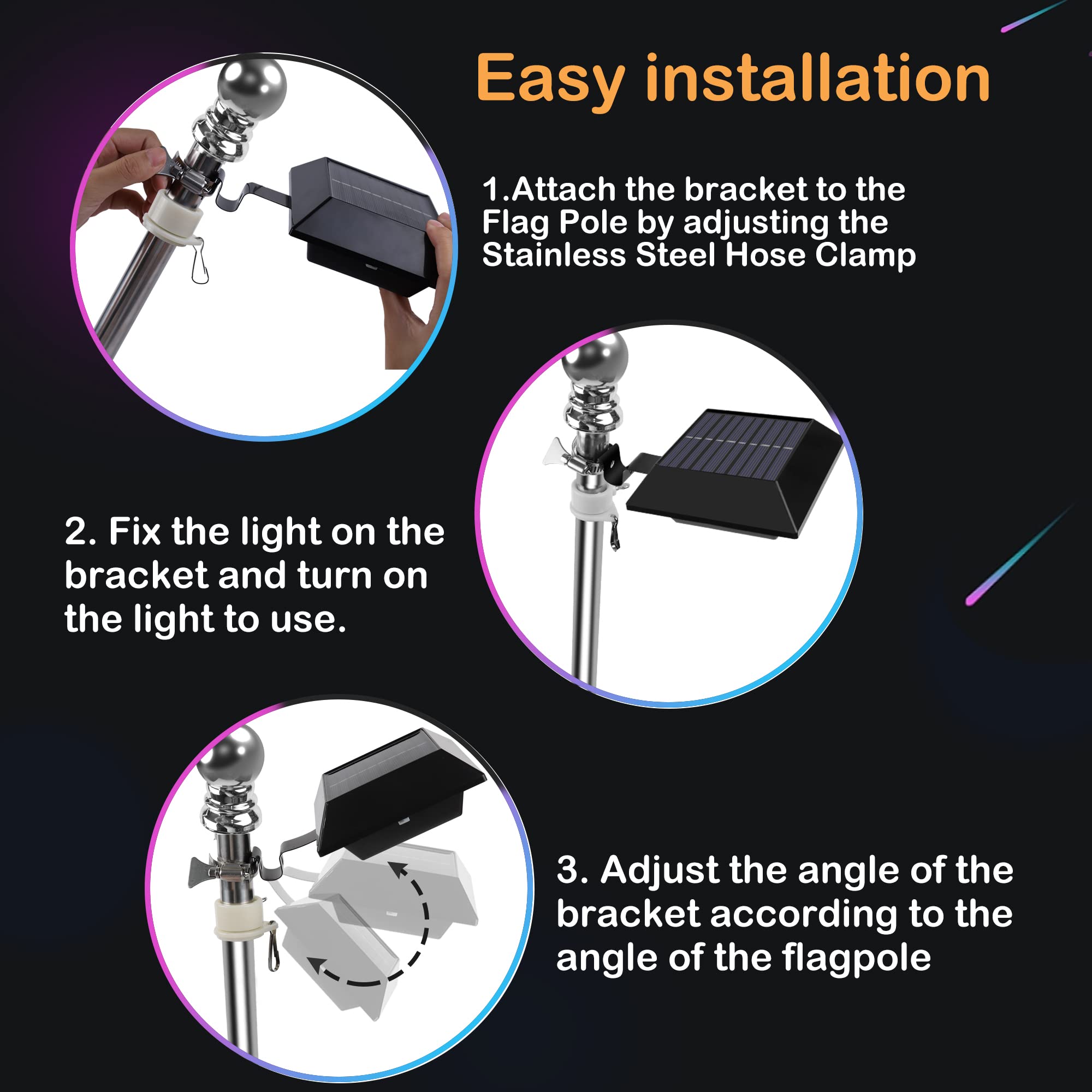 Little Joke solar flag pole light features easy-install with stainless clamp.