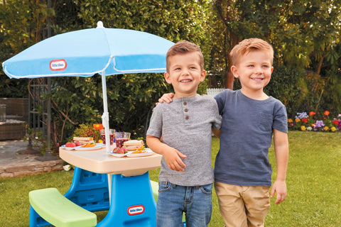 Little Tikes Easy Store Jr. Picnic Table indoors outdoors versatile use.