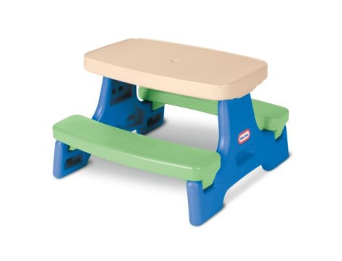 Little Tikes Easy Store Jr. Picnic Table wipe-clean surface keeps playtime tidy.